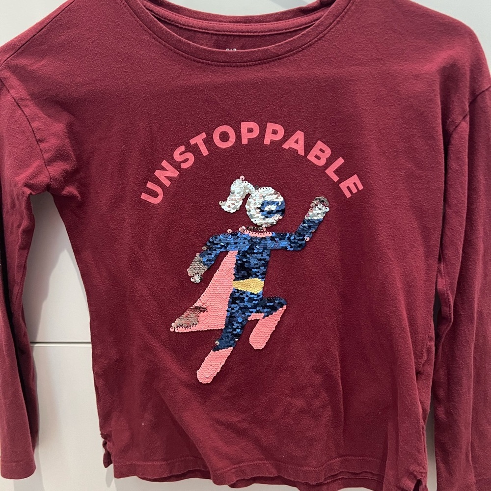 Gap Kids Maroon Sequin Supergirl Unstoppable Long Sleeve Shirt M 8